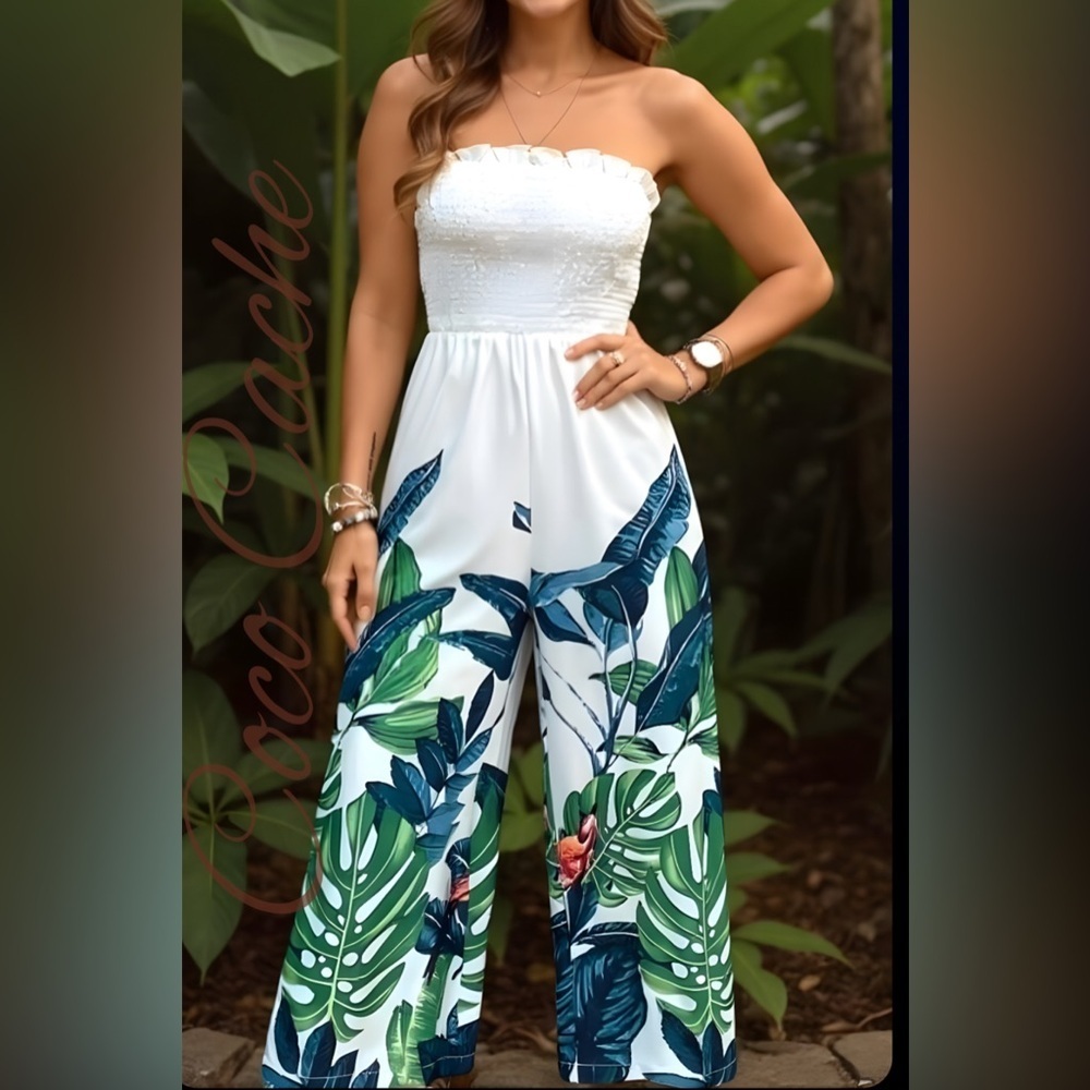 Birds of Paradise Classy Jumpsuit Pants Wide Leg Frill Detail Shirred Tube Top